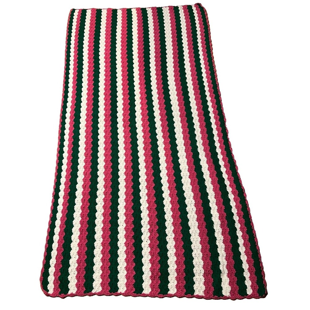 Vintage Pink, Green & Beige ripple Pattern Afghan 45x 83 Perfect Condition